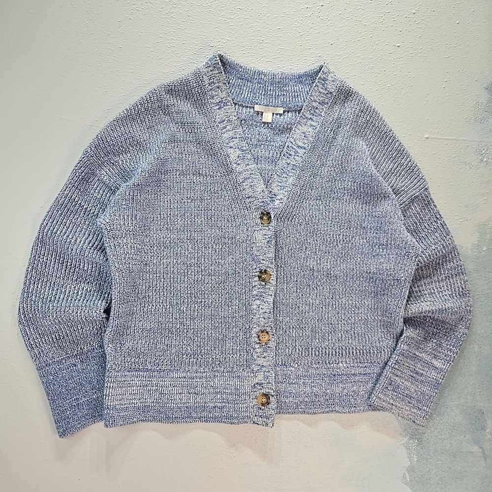 COS Cardigan Marled Chunky Ribbed Knit Women XS Blue‎ White Button Front Sweater